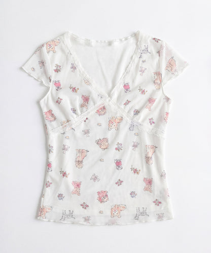 HOOK for girls　透かし編みレース切り替え半袖ニットTシャツ