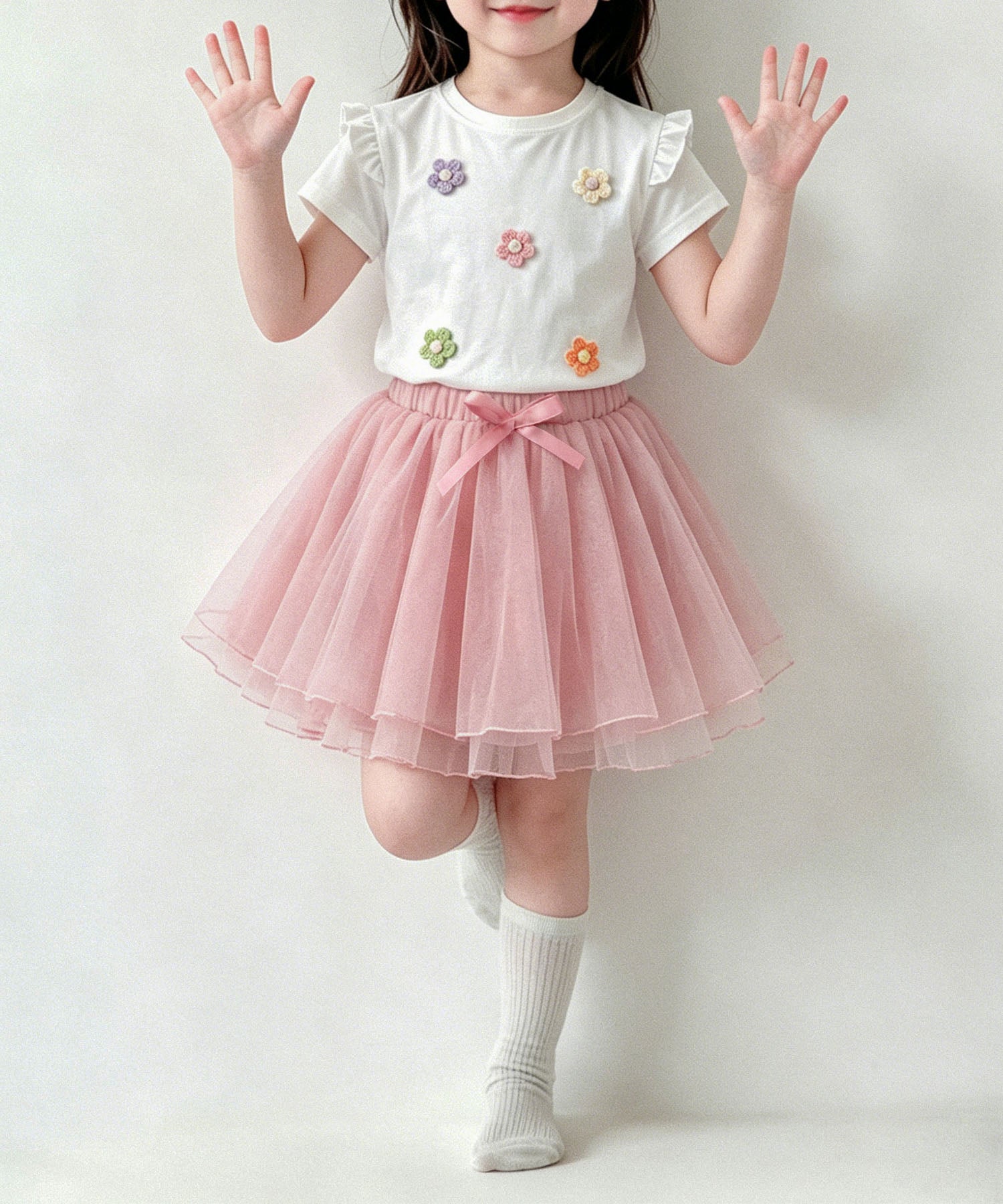 【aimoha-KIDS-】フラワーモチーフフリルTシャツ (SS)