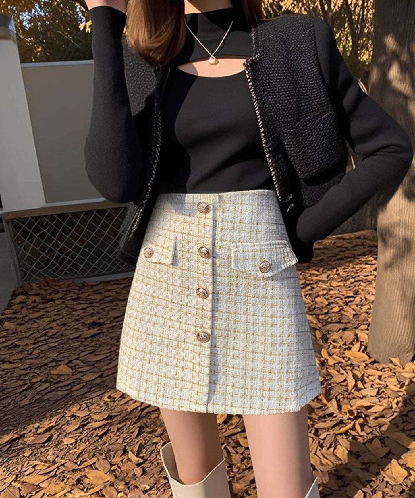 【Jasmine】ツイードフロントボタンミニスカート