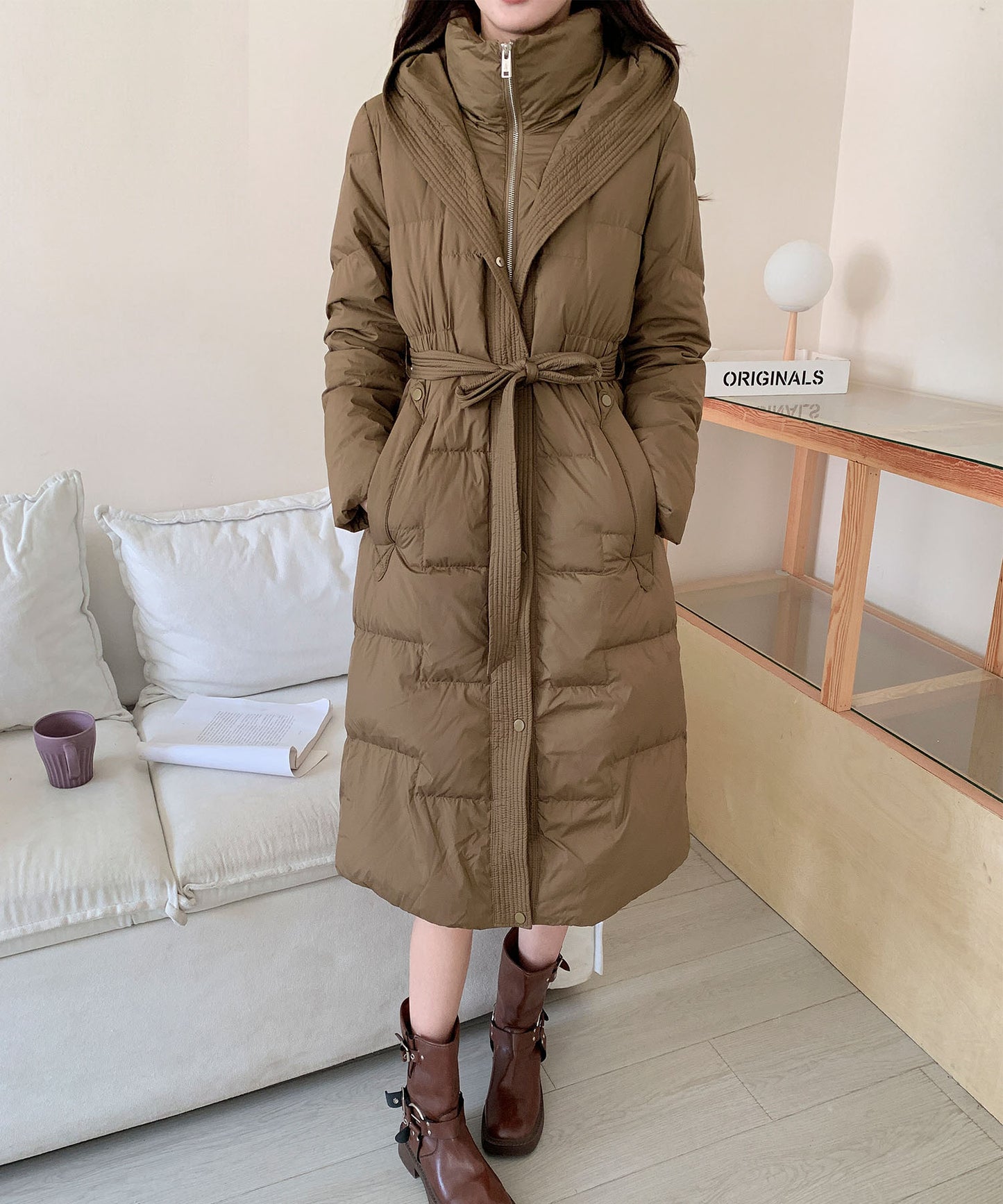 ウエストリボン付きロングダウンコート