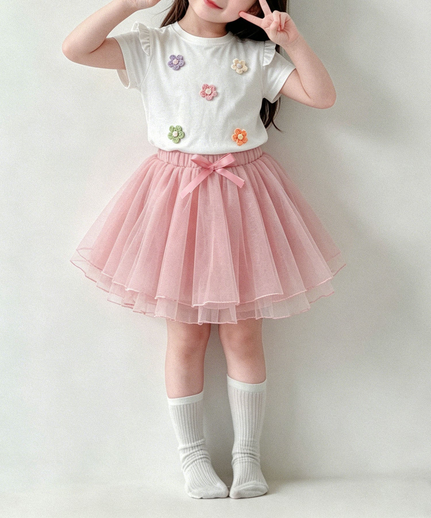 【aimoha-KIDS-】フラワーモチーフフリルTシャツ (SS)