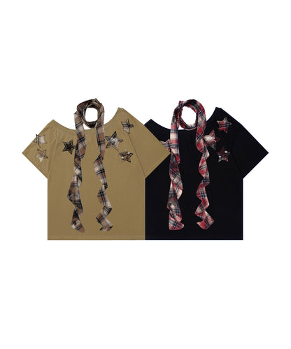 【HOOK】for girls チェックリボンスカーフ付きスターTシャツ (SS)