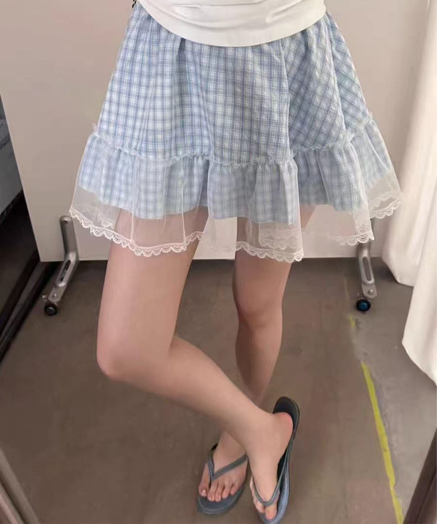 HOOK for girls　チュールレース 裾フリル チェックミニスカート