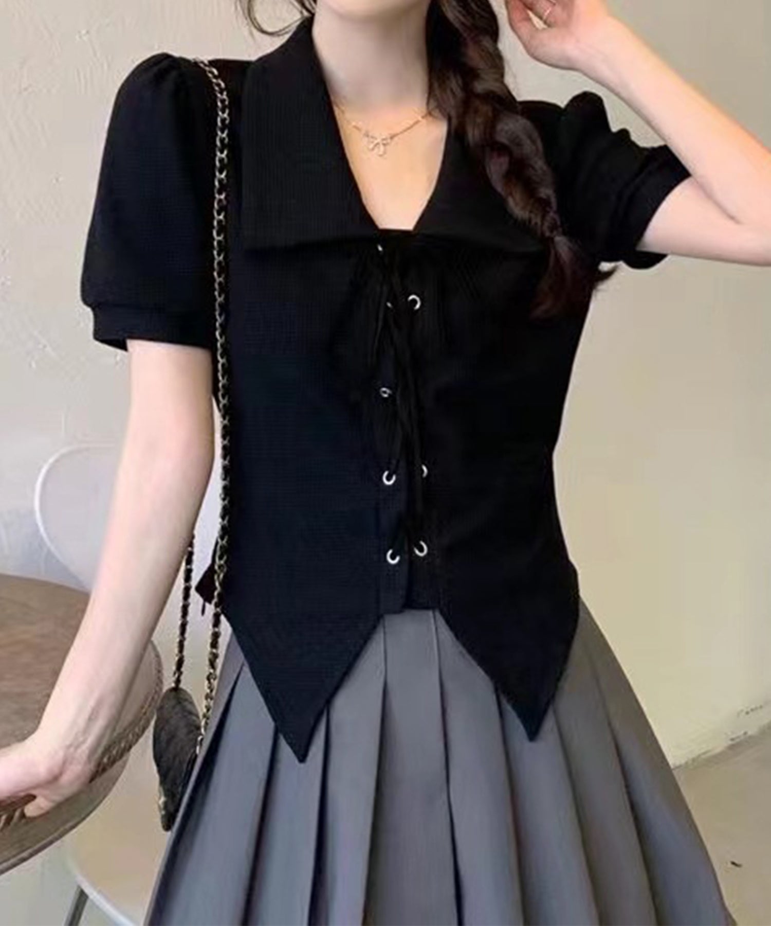 【Jasmine】レースアップショート丈半袖トップス