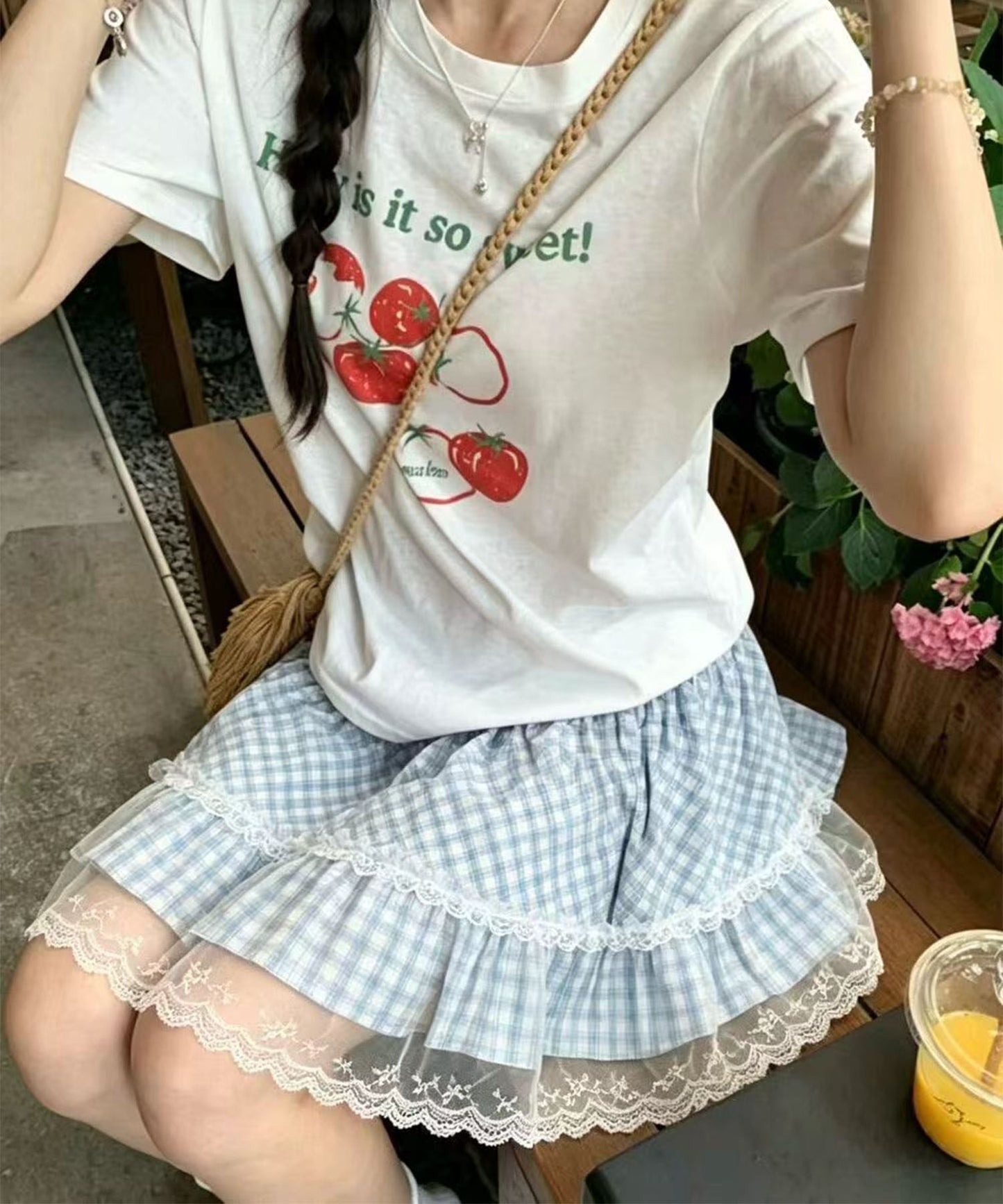 HOOK for girls　チュールレース 裾フリル チェックミニスカート