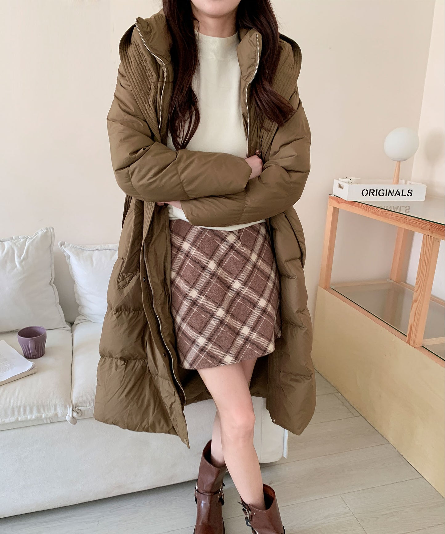 ウエストリボン付きロングダウンコート