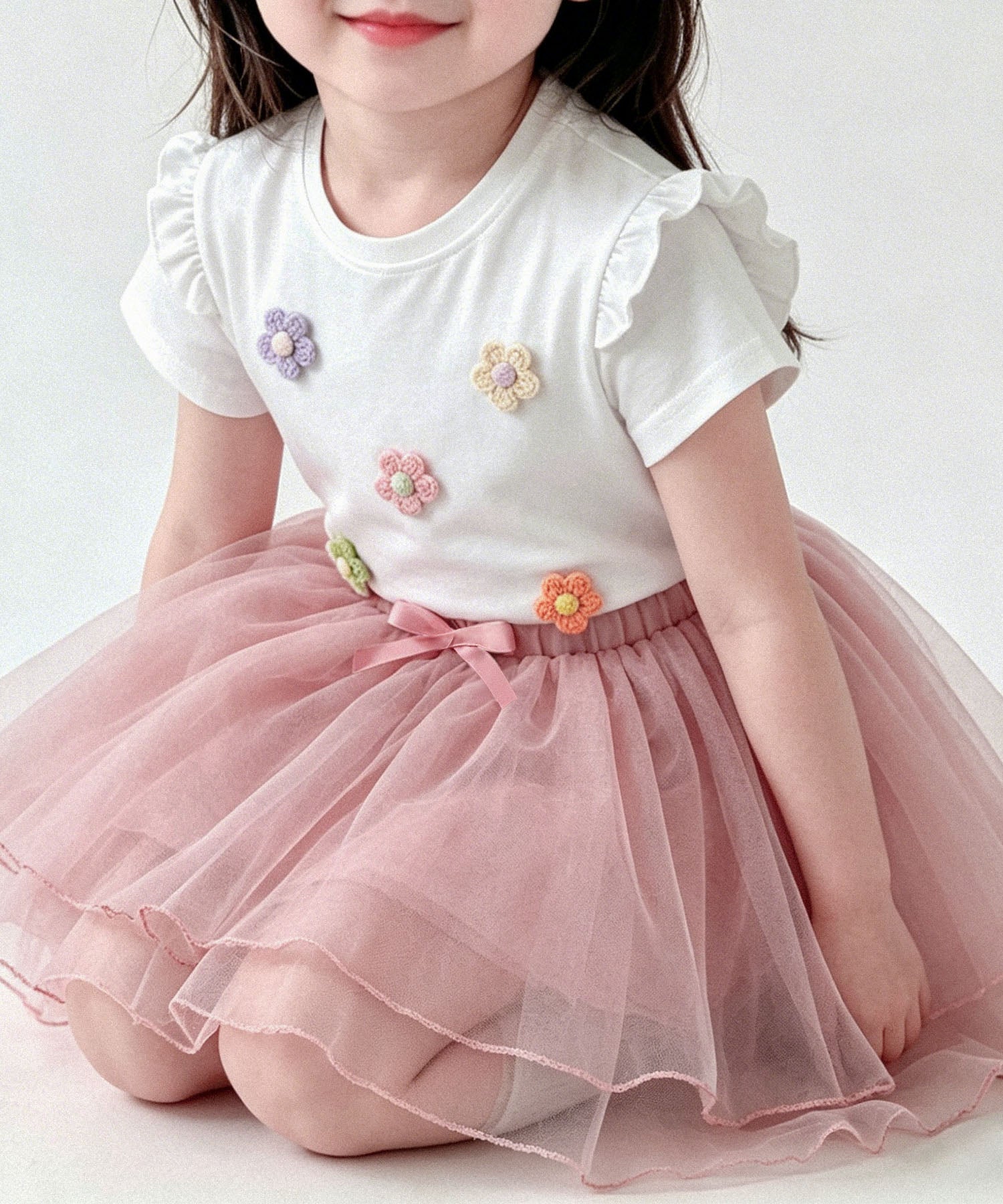 【aimoha-KIDS-】フラワーモチーフフリルTシャツ (SS)