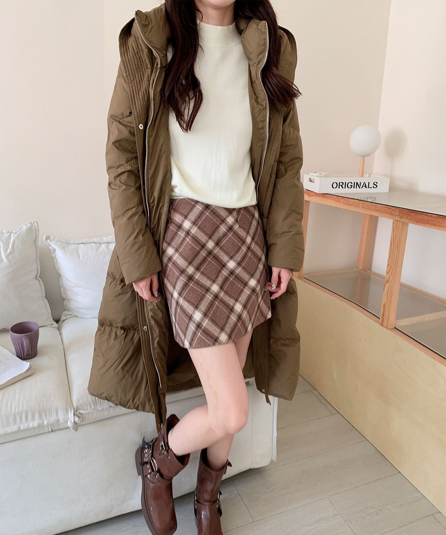 ウエストリボン付きロングダウンコート