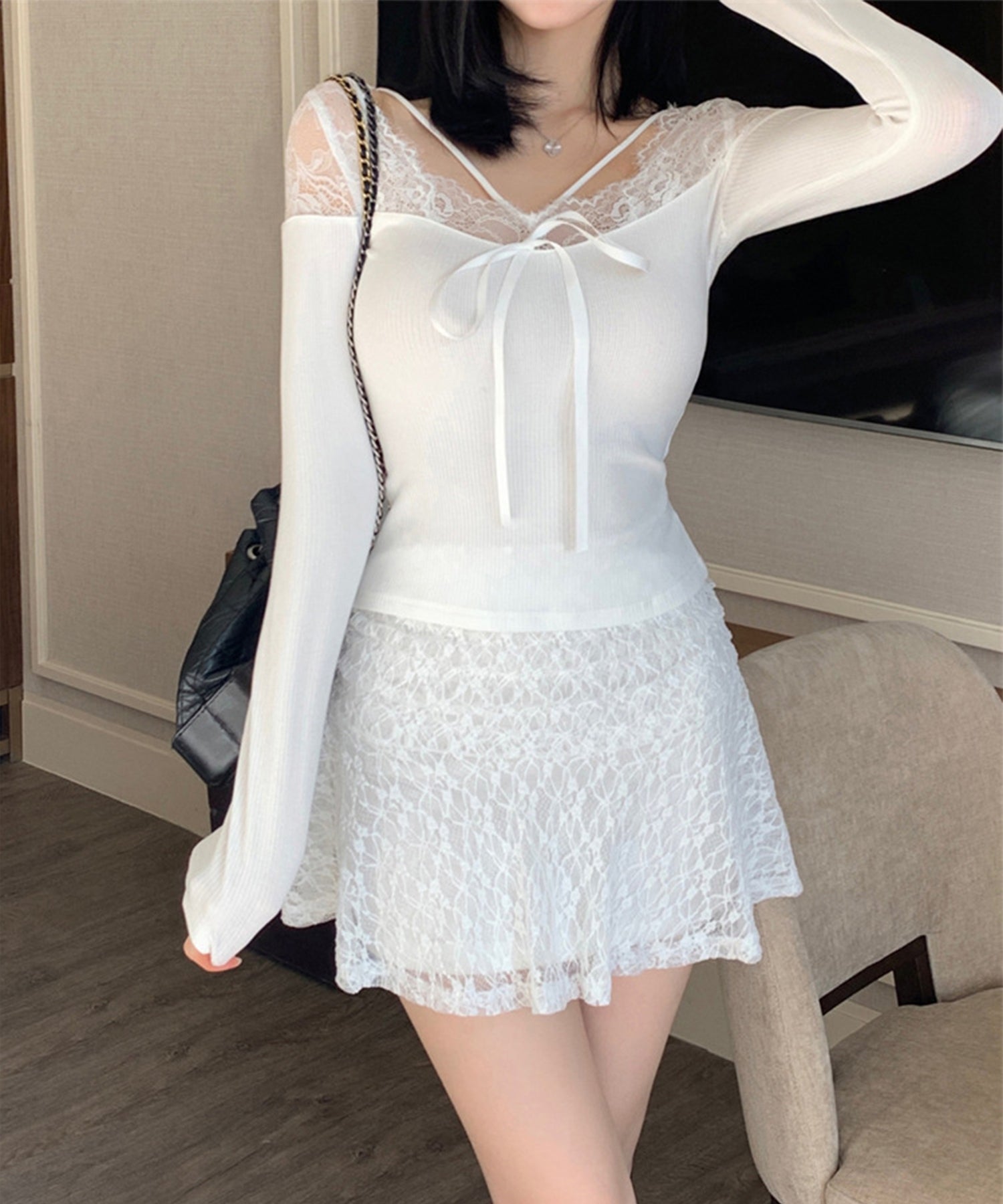 【Jasmine】レースドッキングスリムTシャツ