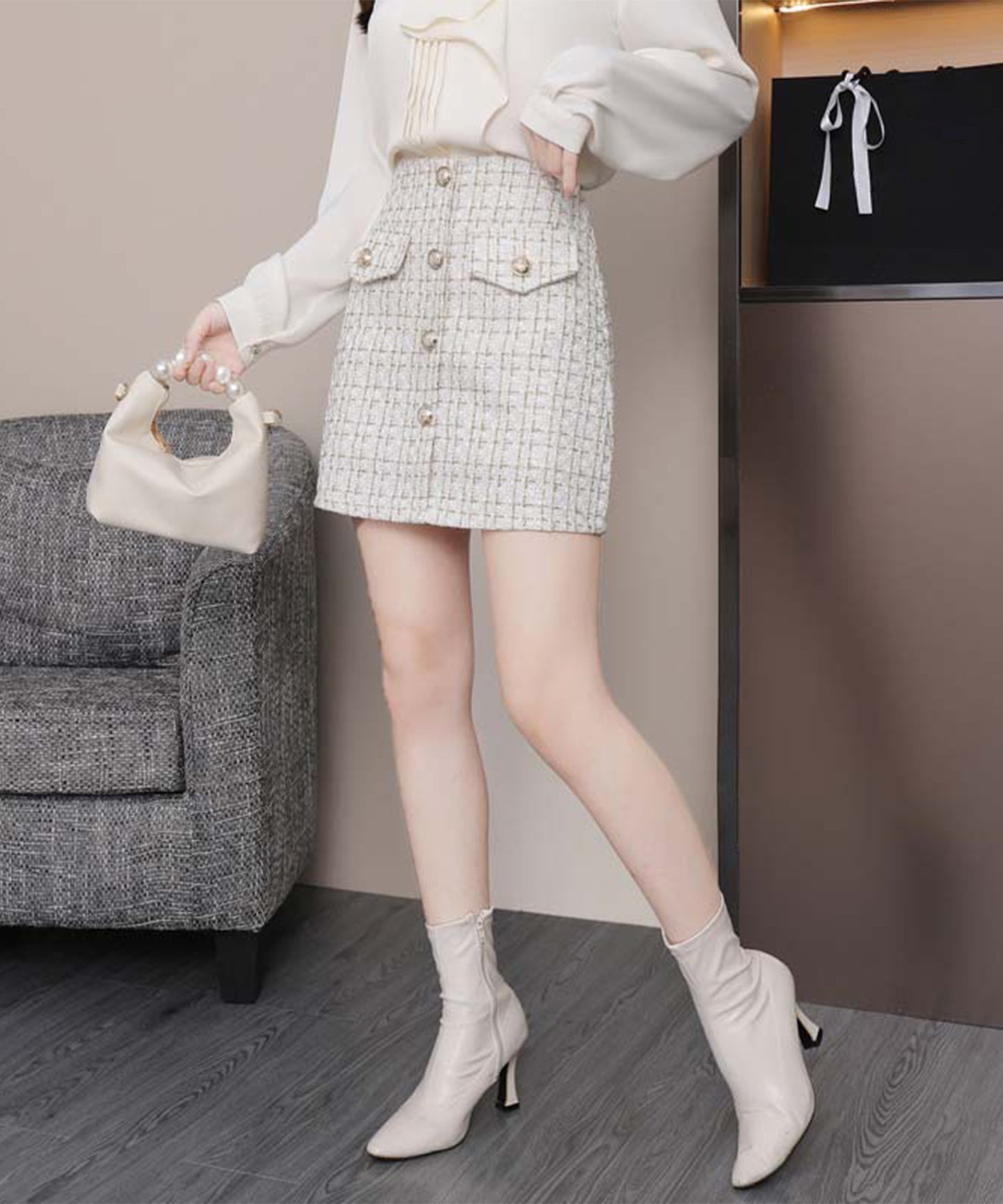 【Jasmine】ツイードフロントボタンミニスカート