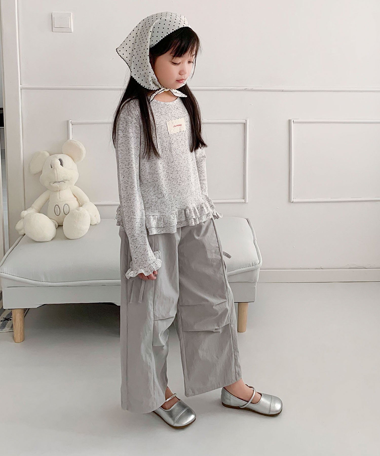 【aimoha-KIDS-】キッズ　サイドリボンティアードワイドパンツ