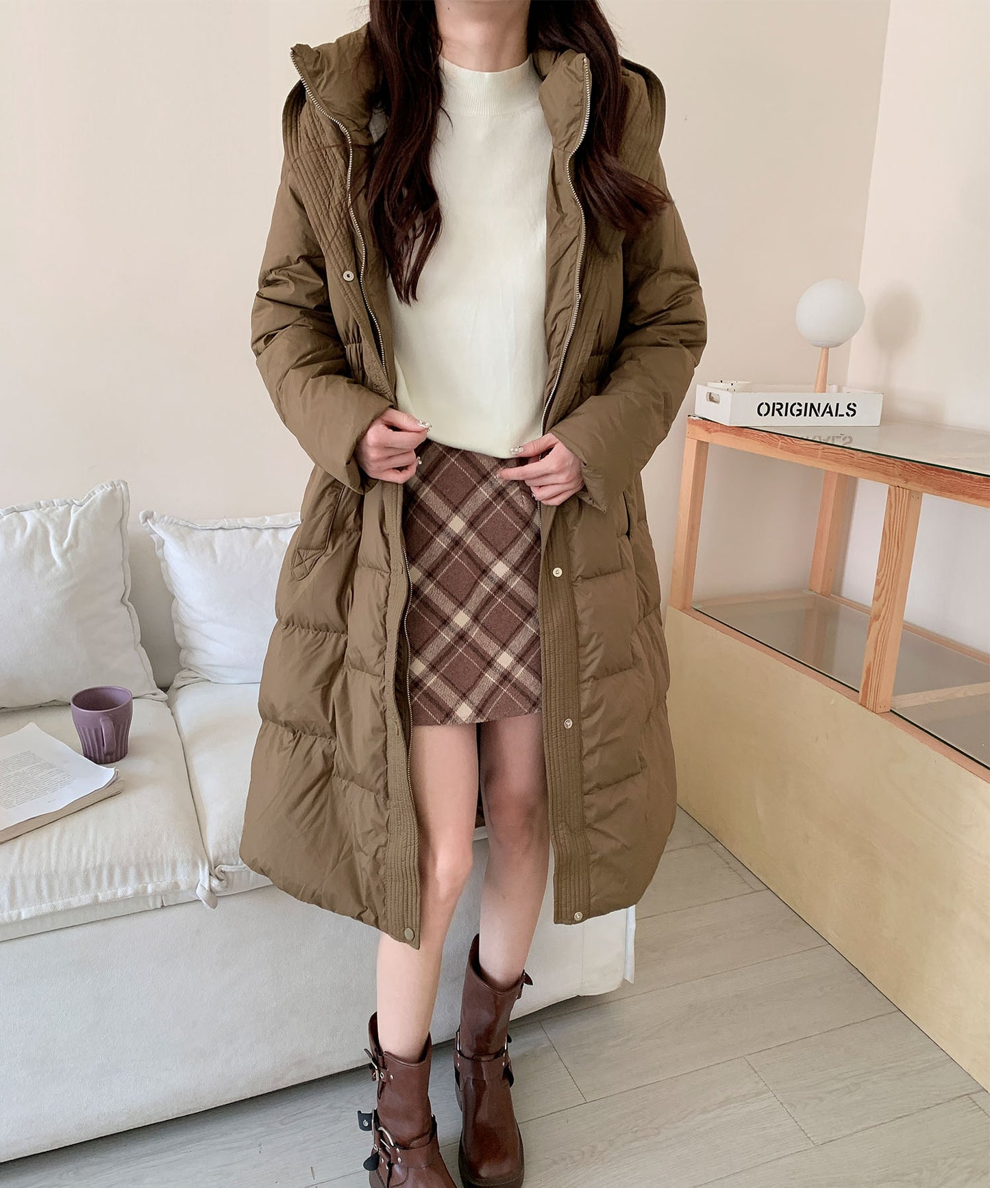 ウエストリボン付きロングダウンコート