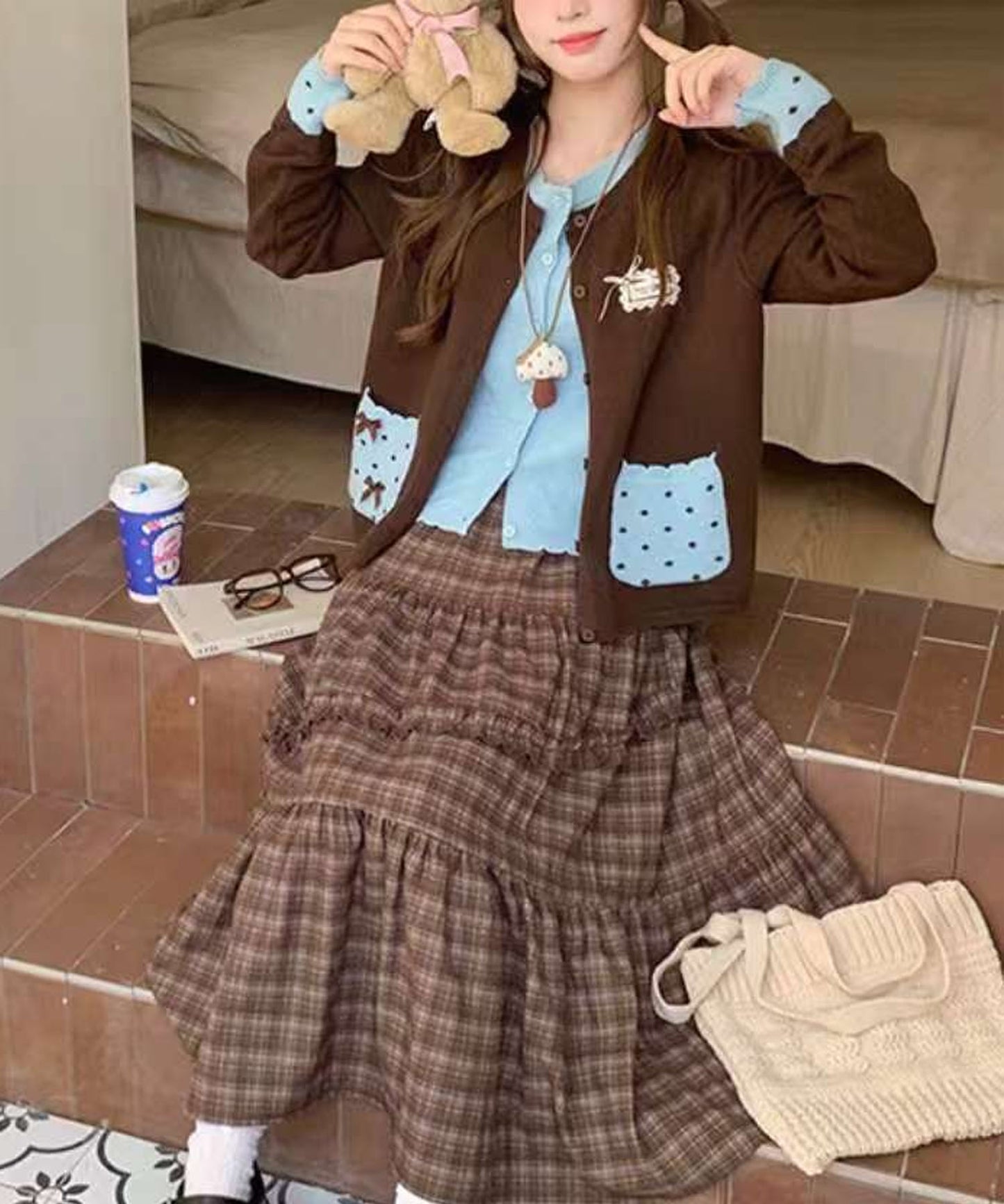 HOOK for girls　ドットポケット配色カーディガン