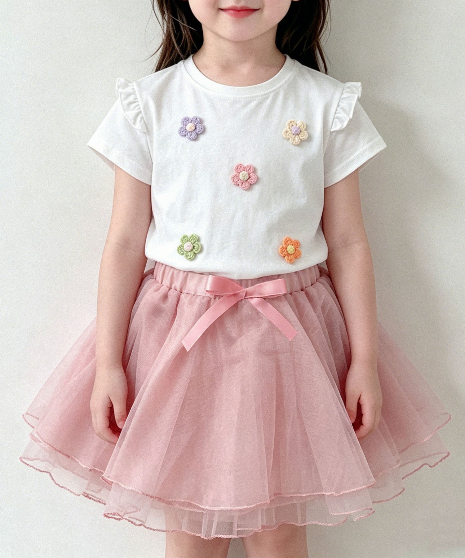 【aimoha-KIDS-】フラワーモチーフフリルTシャツ (SS)