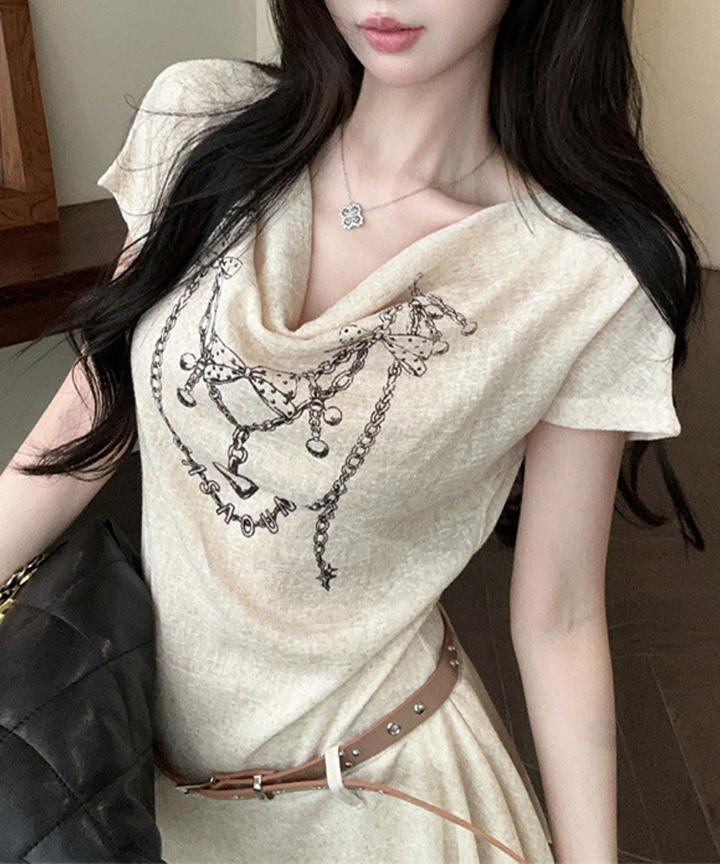 HOOK for girls　ベルト付き アシメヘム チェーンプリント ペプラム 半袖 Tシャツ (SS)