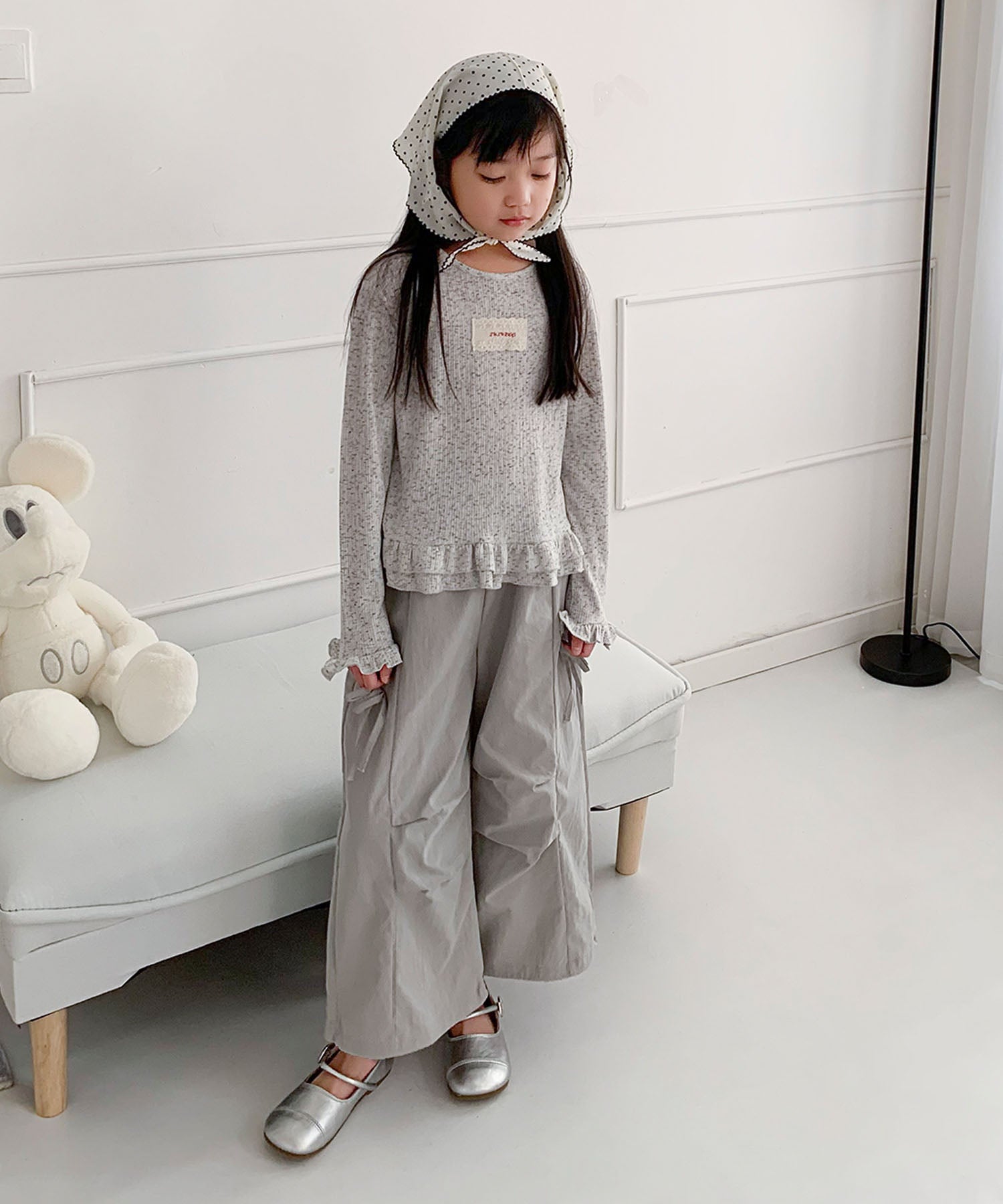 【aimoha-KIDS-】キッズ　サイドリボンティアードワイドパンツ