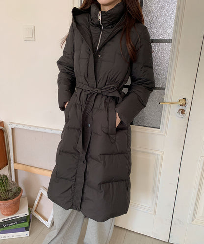 ウエストリボン付きロングダウンコート