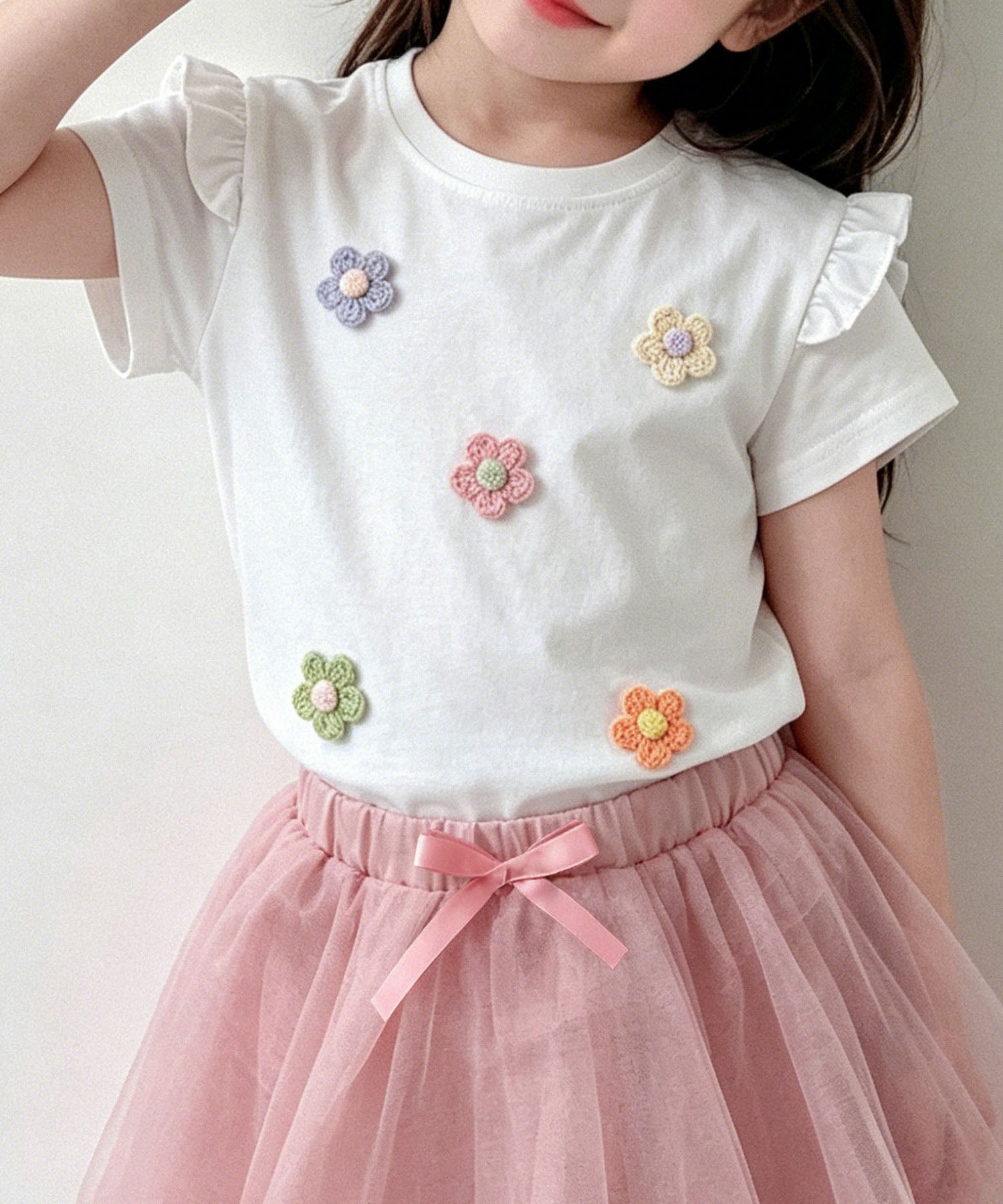 【aimoha-KIDS-】フラワーモチーフフリルTシャツ (SS)