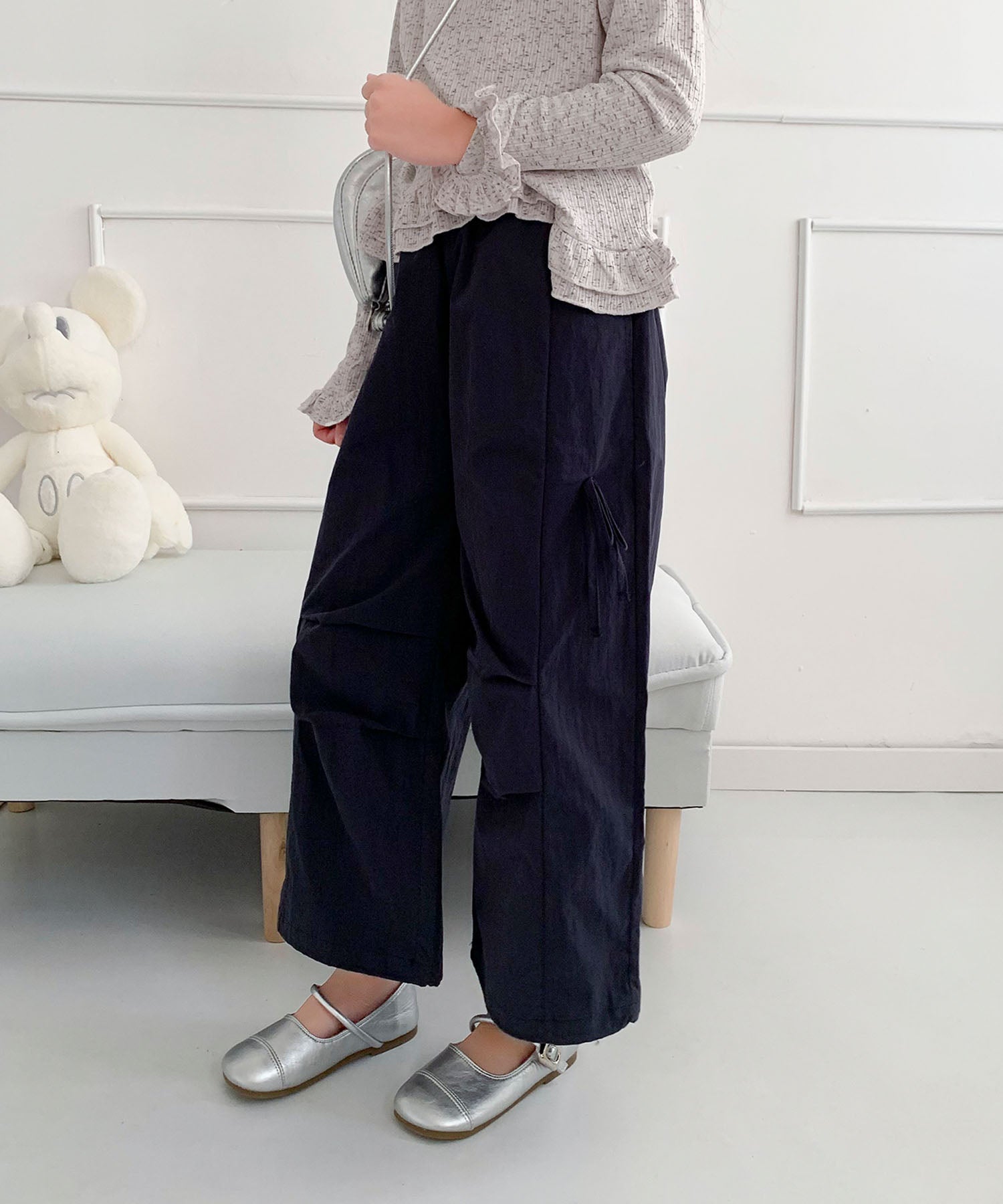 【aimoha-KIDS-】キッズ　サイドリボンティアードワイドパンツ