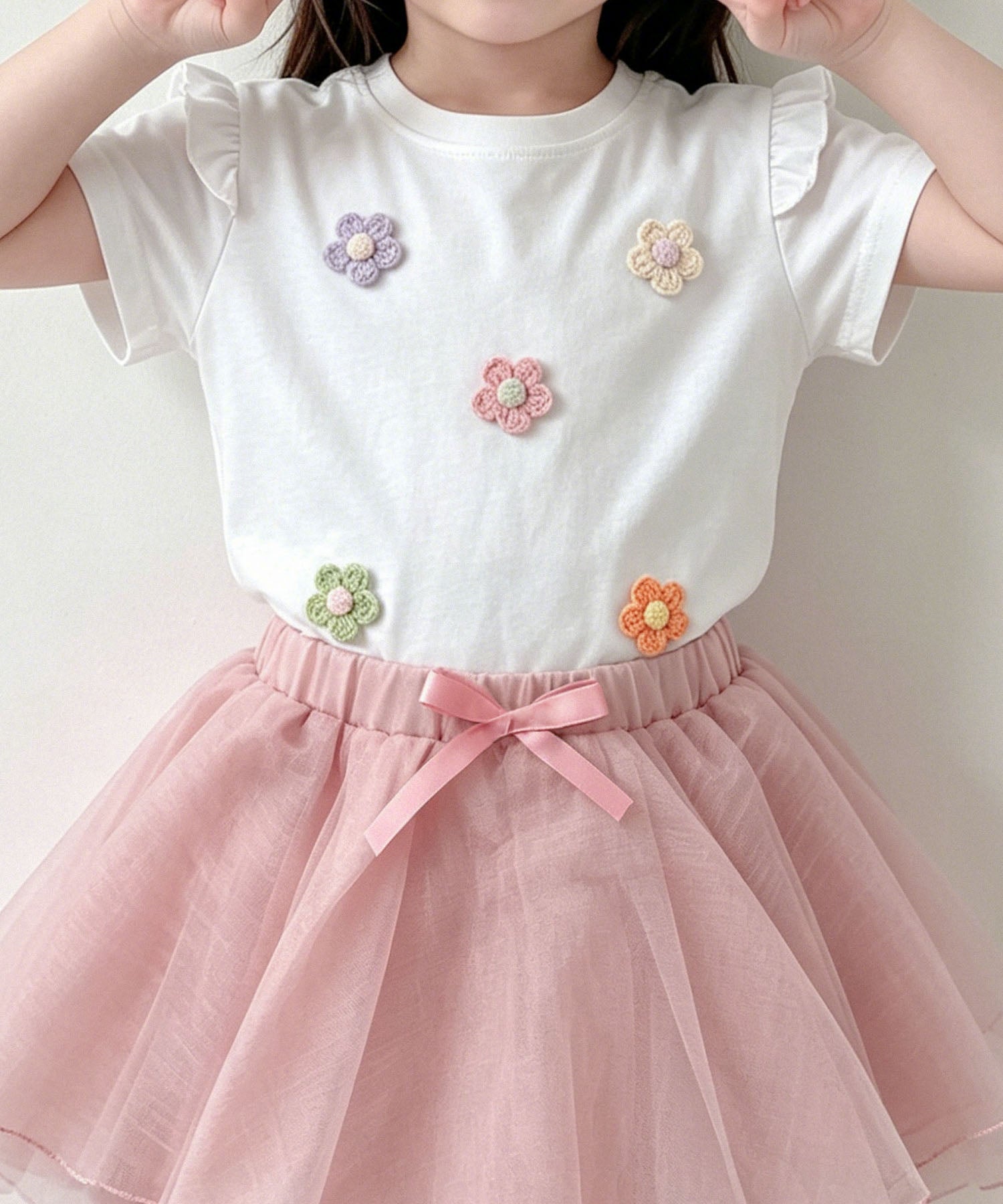 【aimoha-KIDS-】フラワーモチーフフリルTシャツ (SS)