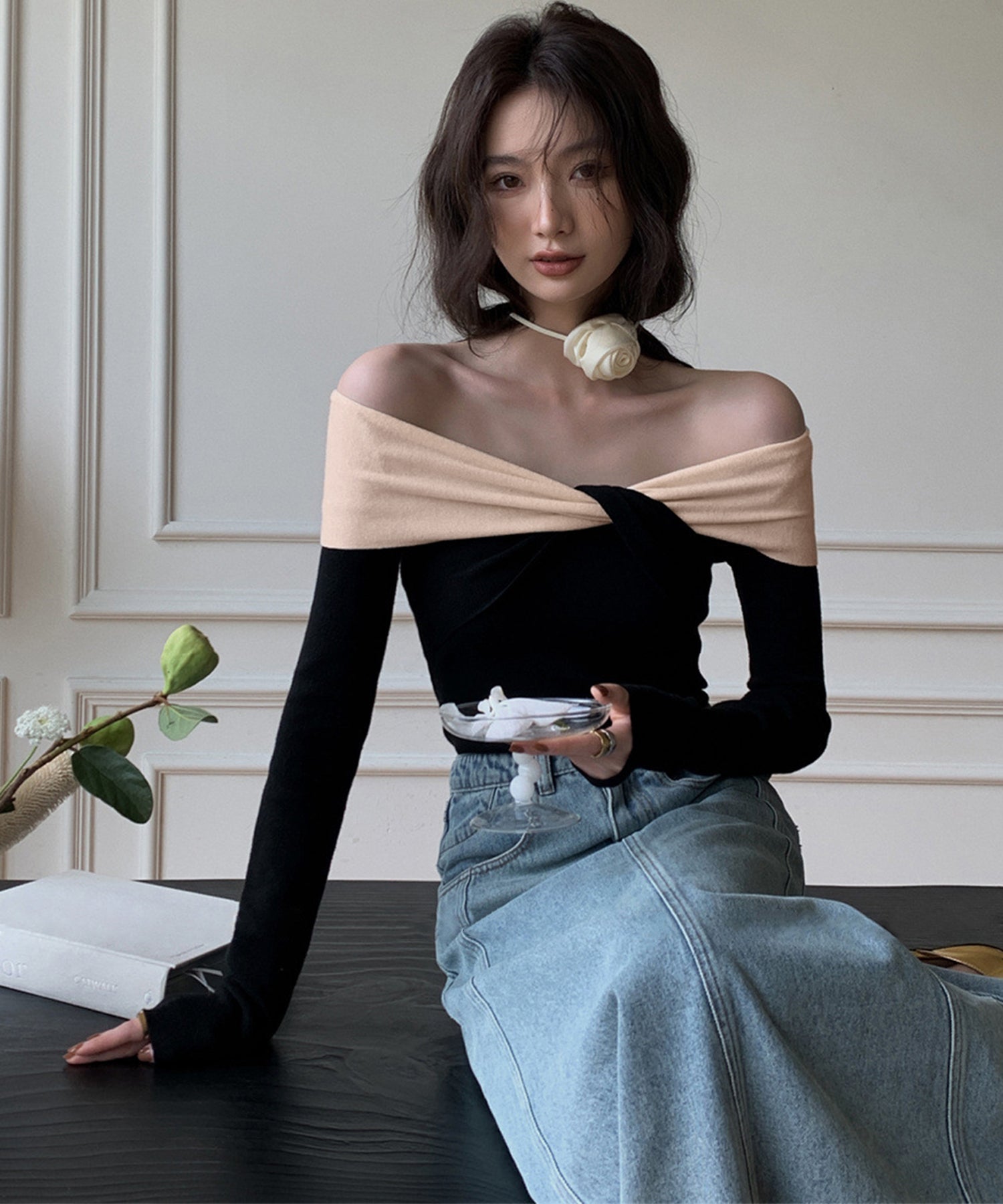 【Jasmine】アシンメトリーオフショルニットプルオーバー