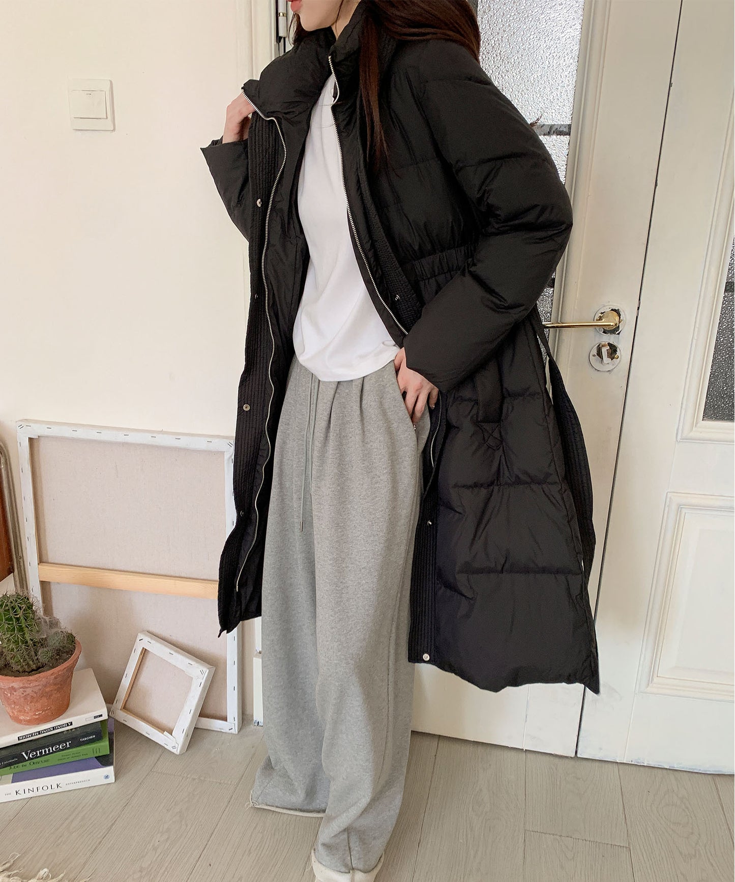 ウエストリボン付きロングダウンコート