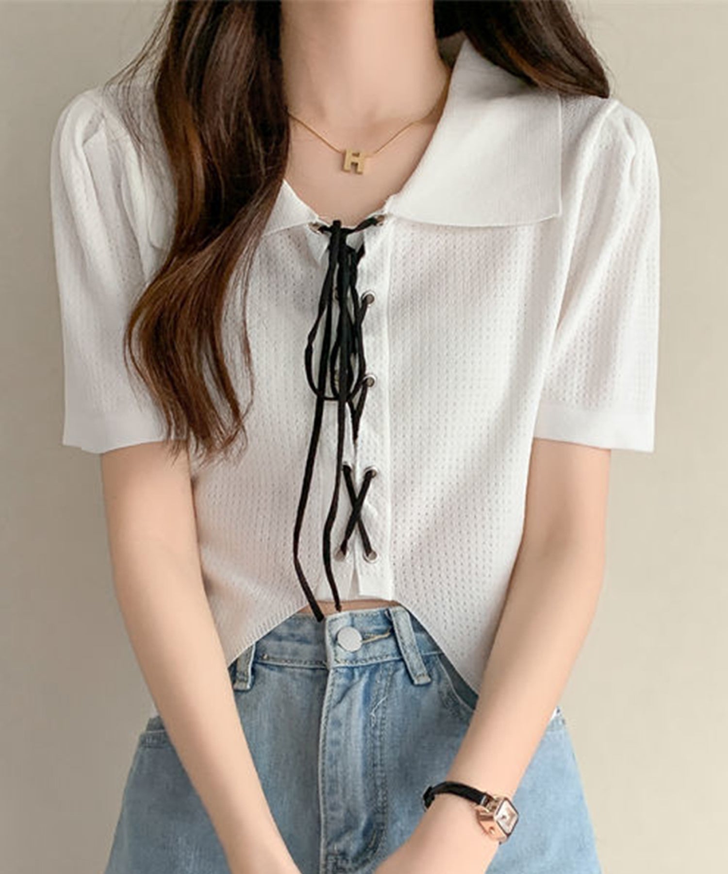 【Jasmine】レースアップショート丈半袖トップス