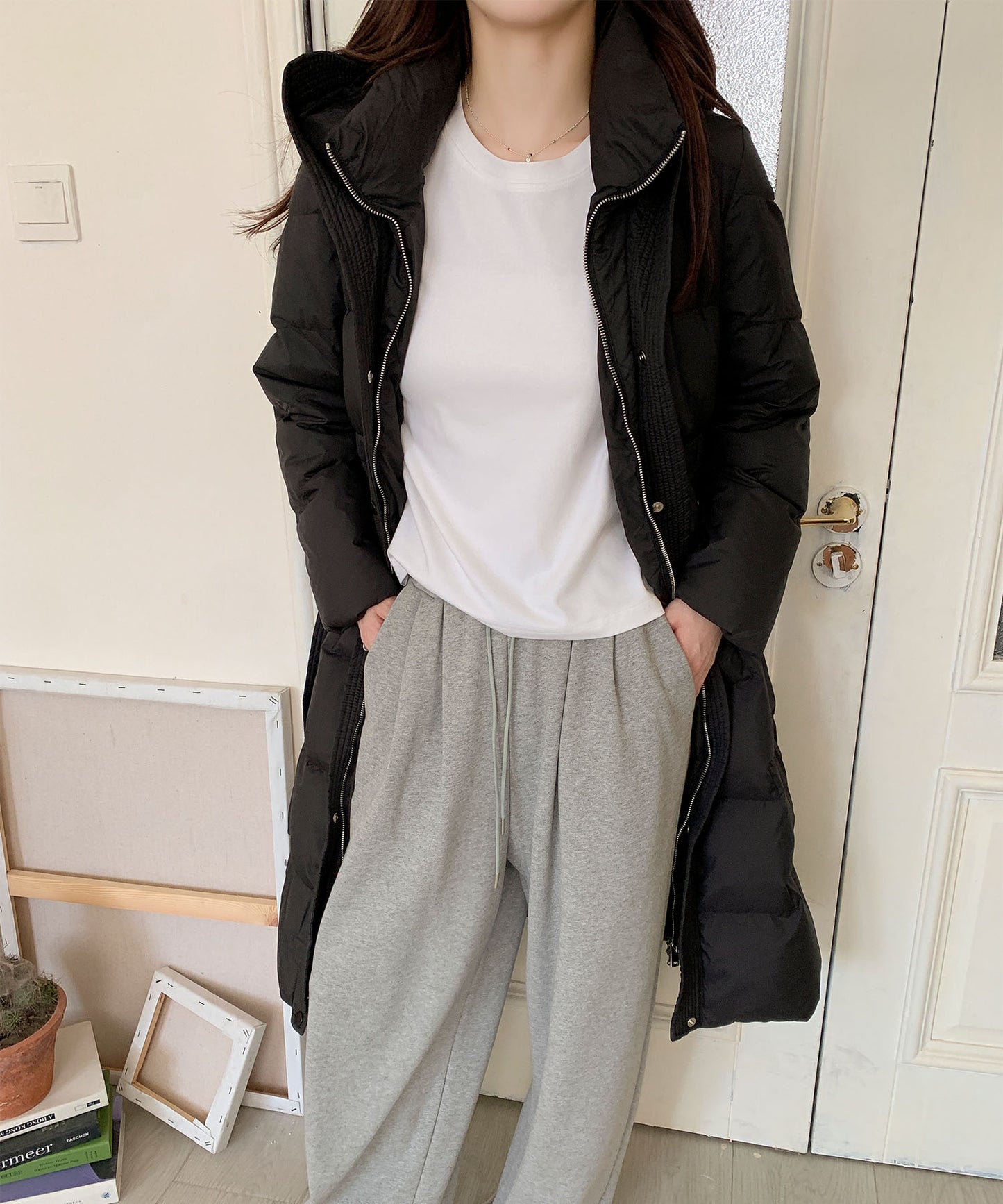 ウエストリボン付きロングダウンコート