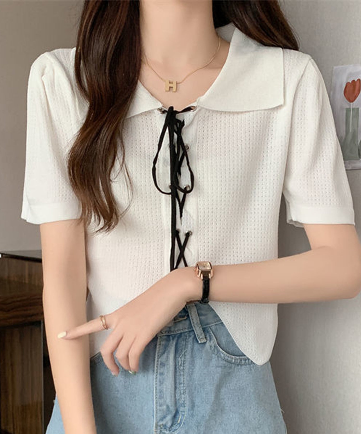 【Jasmine】レースアップショート丈半袖トップス