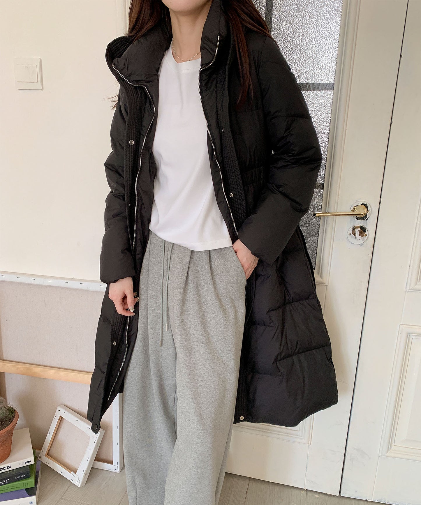 ウエストリボン付きロングダウンコート