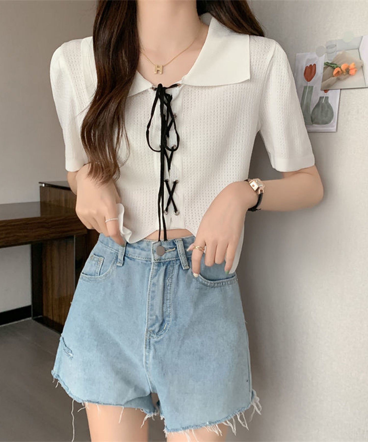 【Jasmine】レースアップショート丈半袖トップス
