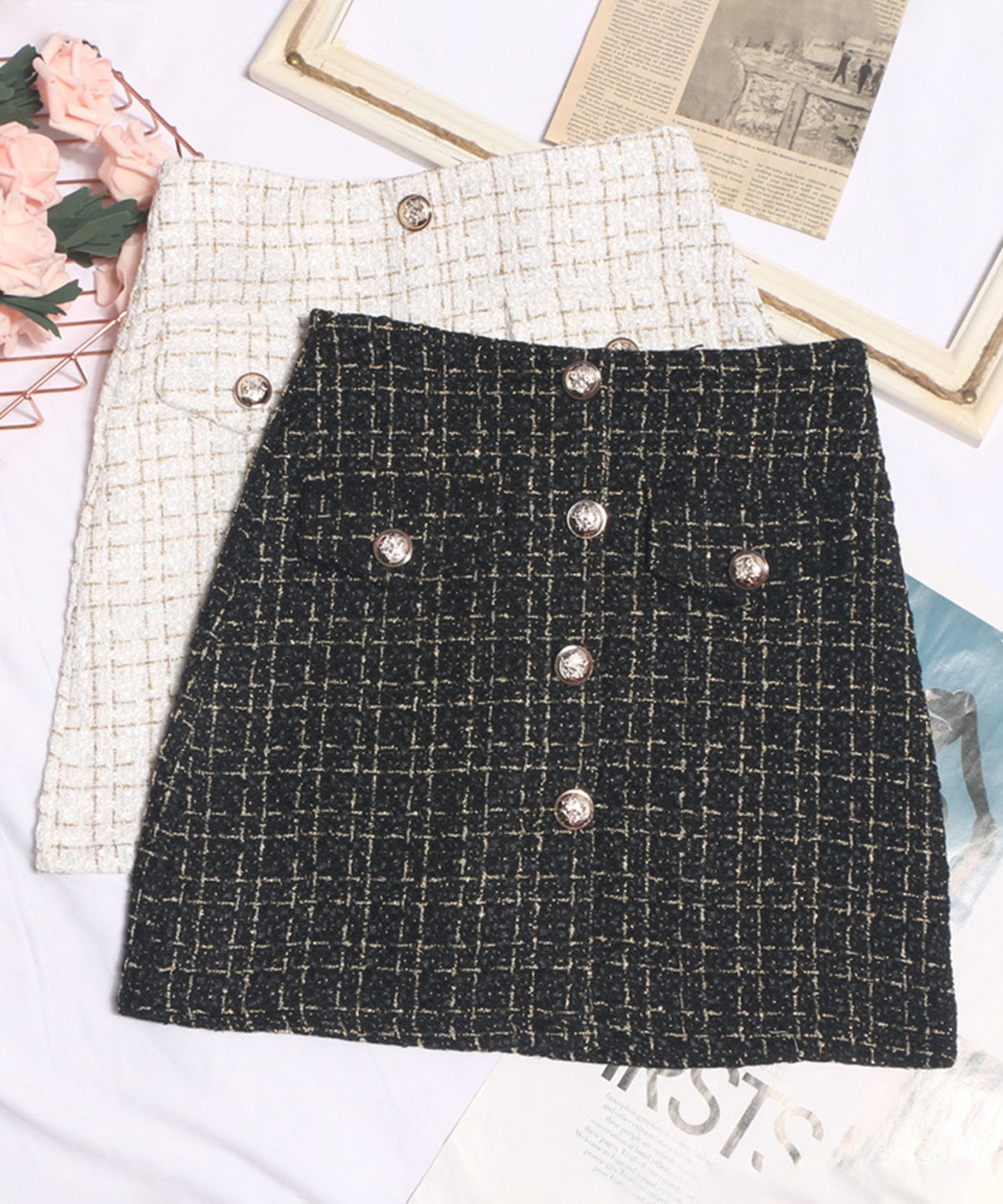 【Jasmine】ツイードフロントボタンミニスカート