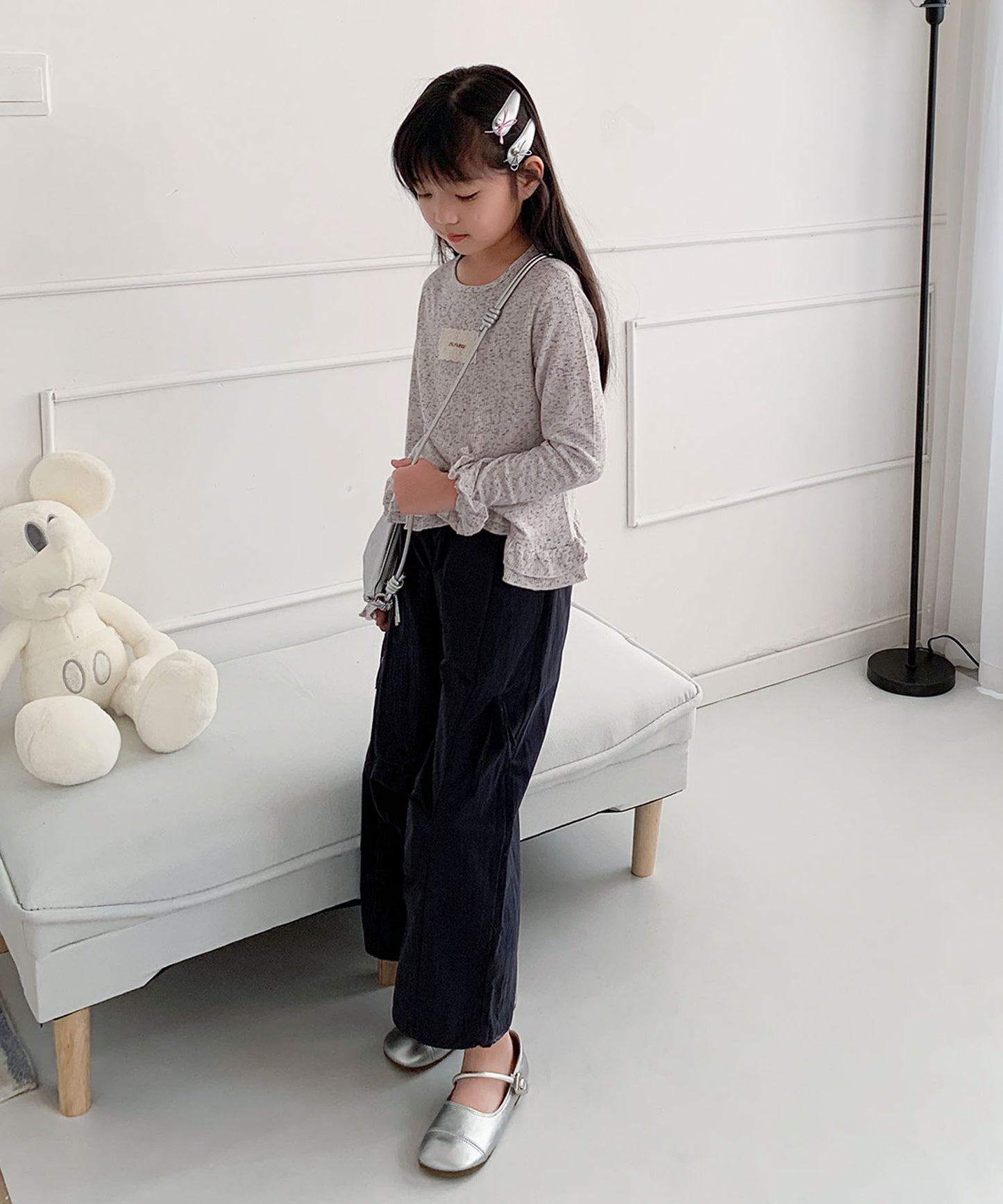 【aimoha-KIDS-】キッズ　サイドリボンティアードワイドパンツ