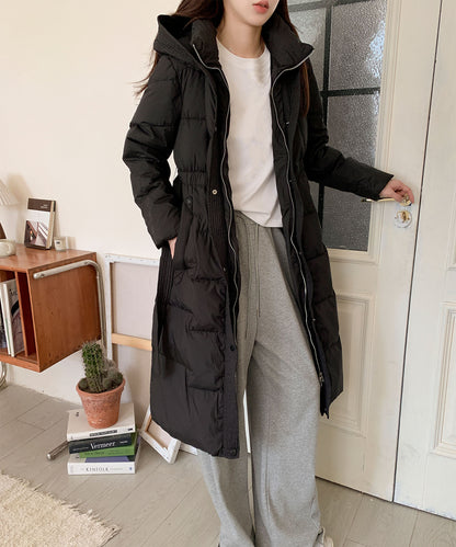 ウエストリボン付きロングダウンコート