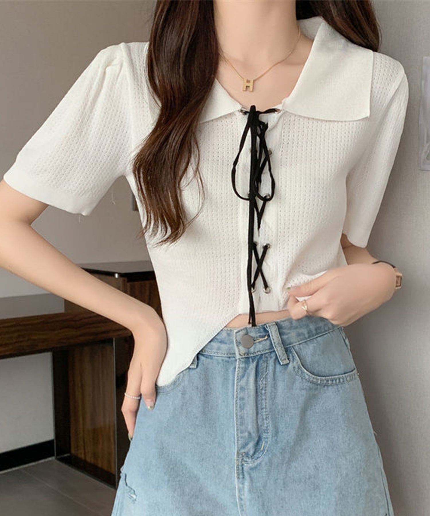 【Jasmine】レースアップショート丈半袖トップス