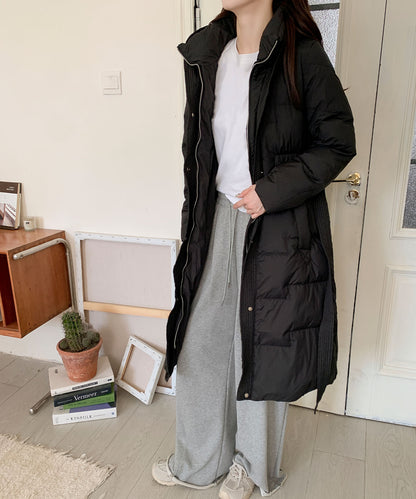 ウエストリボン付きロングダウンコート