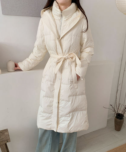 ウエストリボン付きロングダウンコート