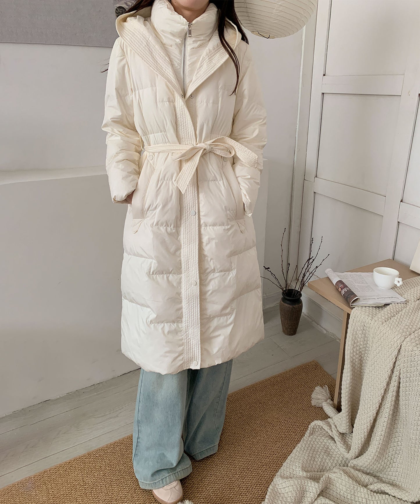 ウエストリボン付きロングダウンコート