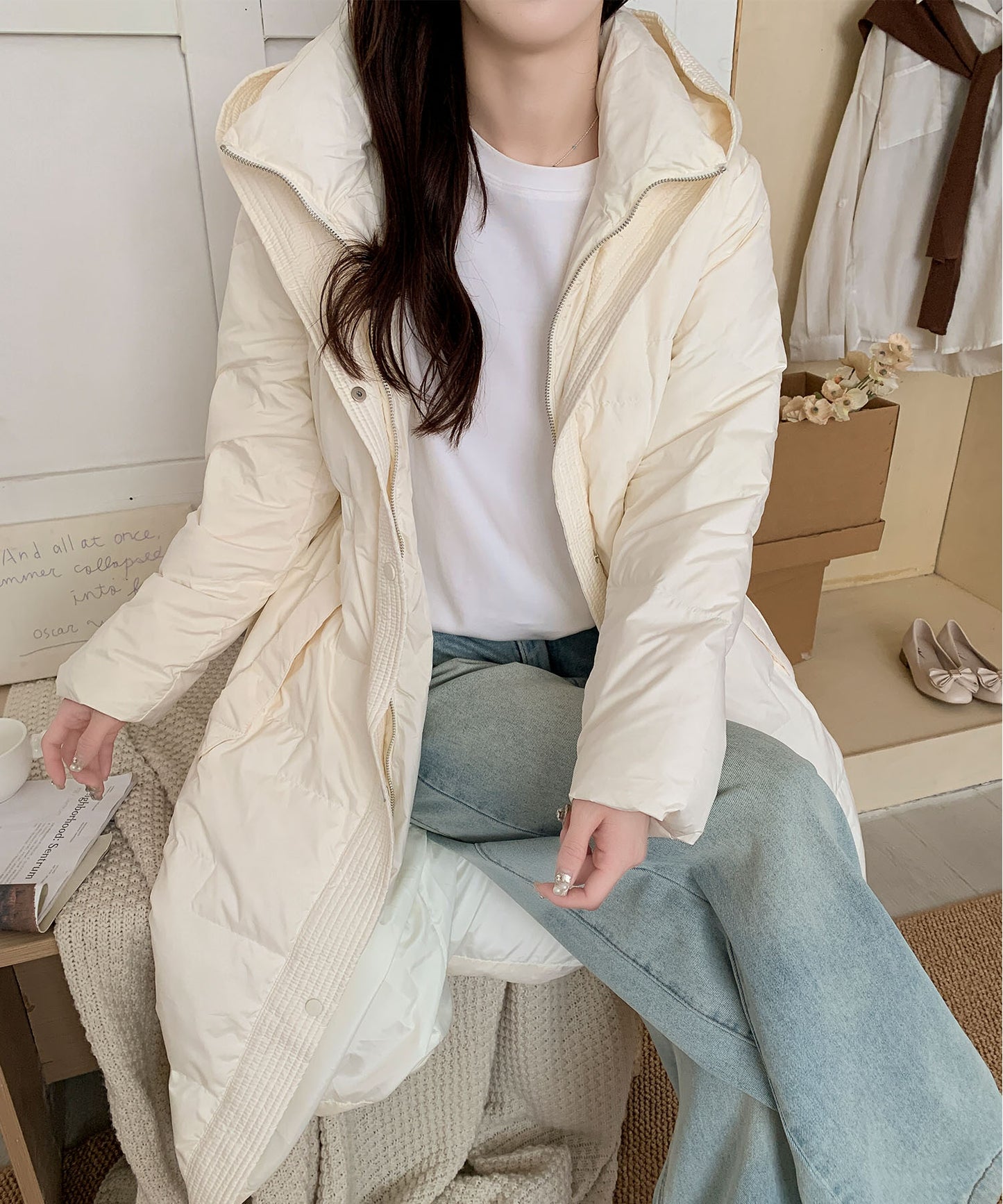 ウエストリボン付きロングダウンコート