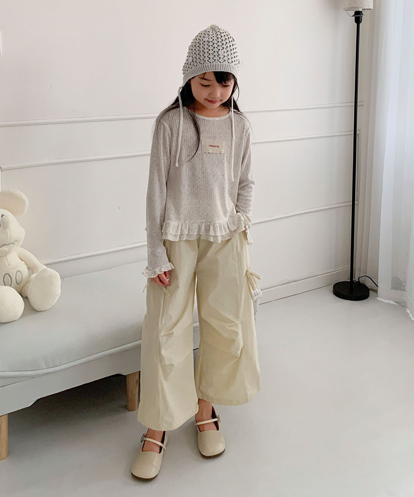 【aimoha-KIDS-】キッズ　サイドリボンティアードワイドパンツ