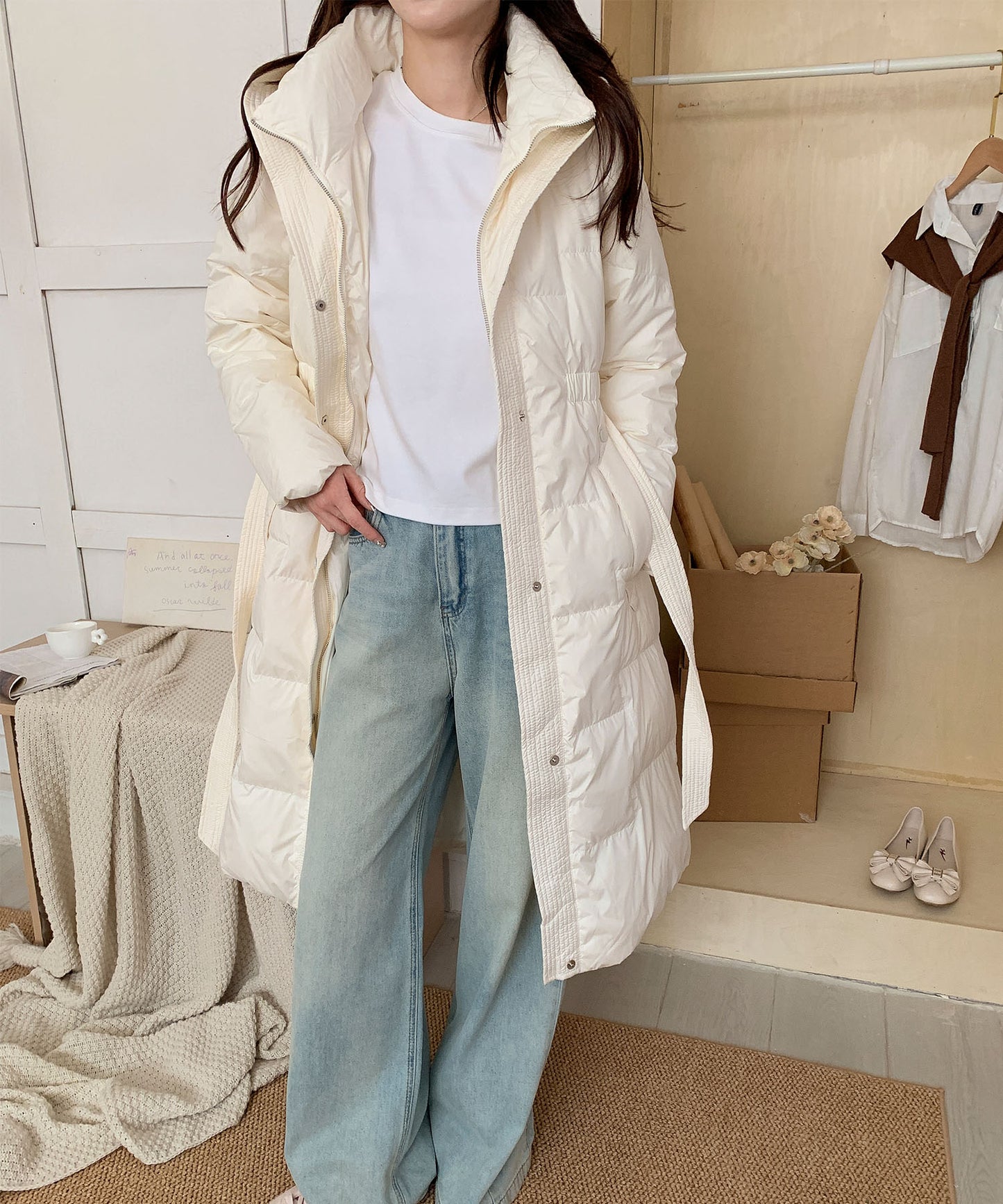 ウエストリボン付きロングダウンコート