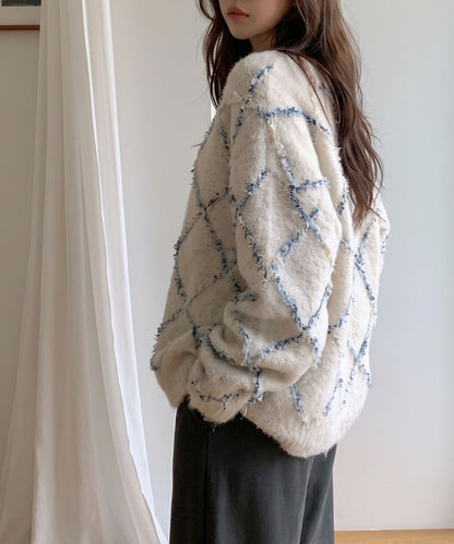 aimoha/配色ダイヤ柄シャギーニット