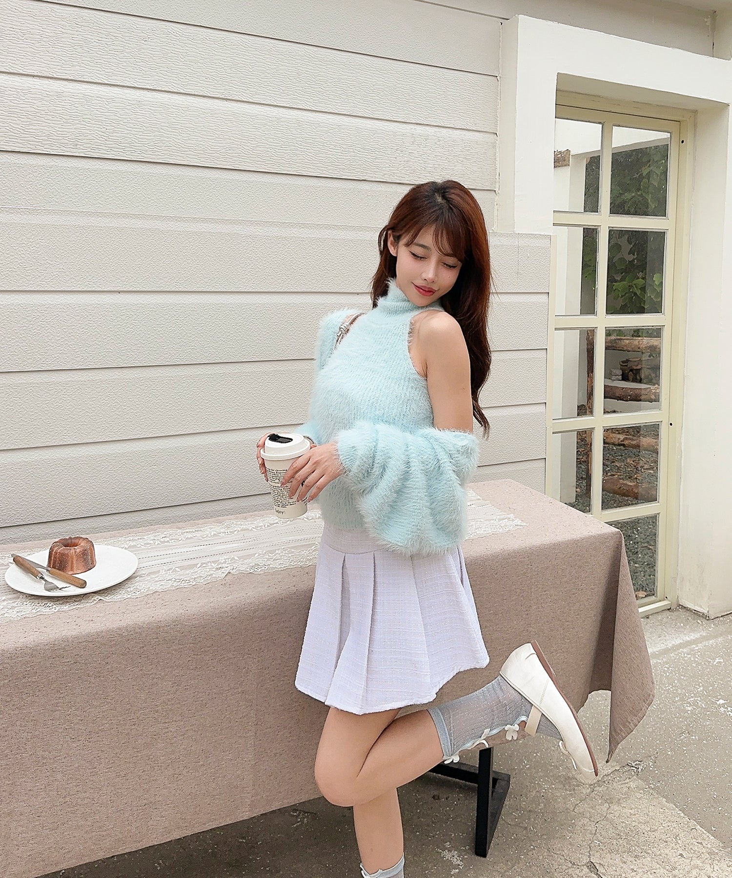 【Jasmine】シャギーニットハイネックベスト＋カーディガン