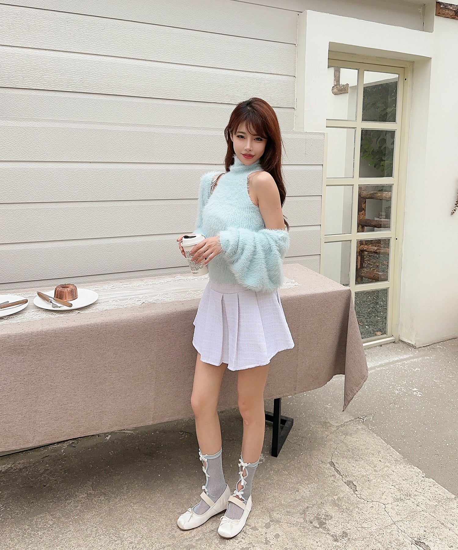 【Jasmine】シャギーニットハイネックベスト＋カーディガン