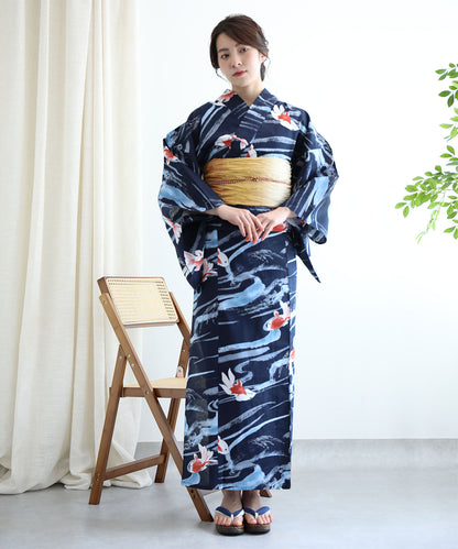 花模様コットン浴衣4点セット ゆかた・へこ帯・下駄・髪飾り