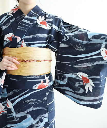 花模様コットン浴衣4点セット ゆかた・へこ帯・下駄・髪飾り