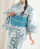 花模様コットン浴衣4点セット ゆかた・へこ帯・下駄・髪飾り