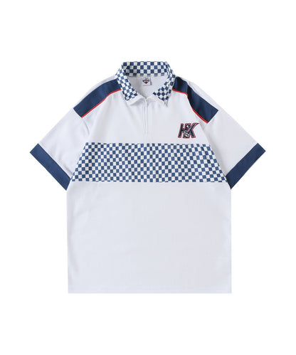 [HOOK -original-] Racing style block check switching short sleeve half zip