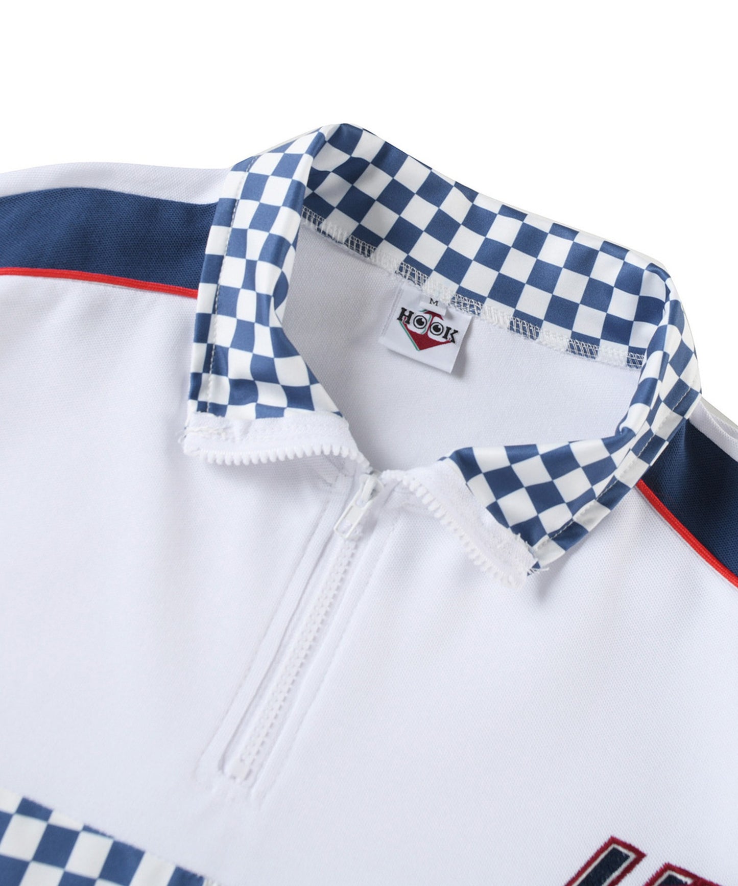 [HOOK -original-] Racing style block check switching short sleeve half zip