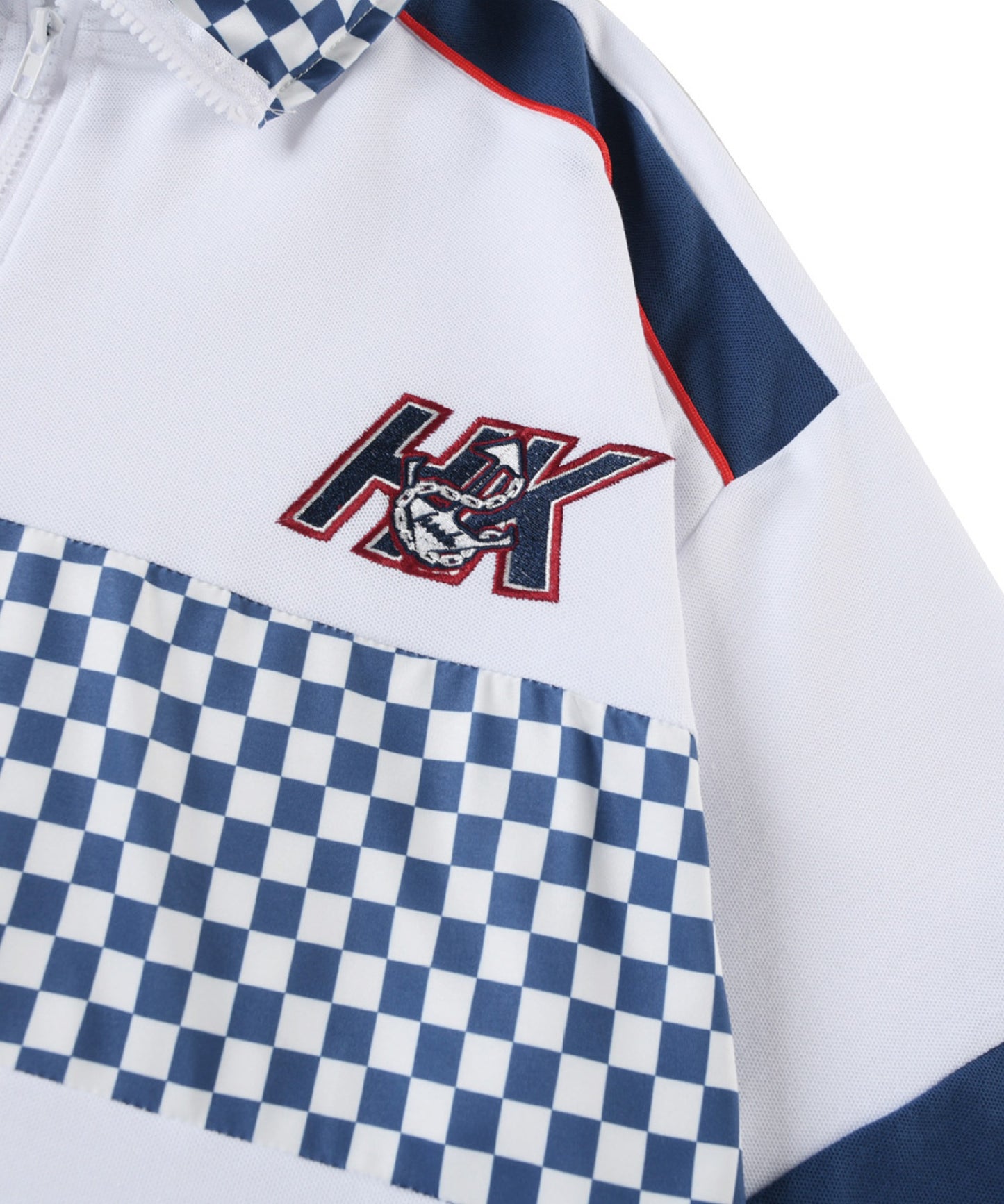 [HOOK -original-] Racing style block check switching short sleeve half zip